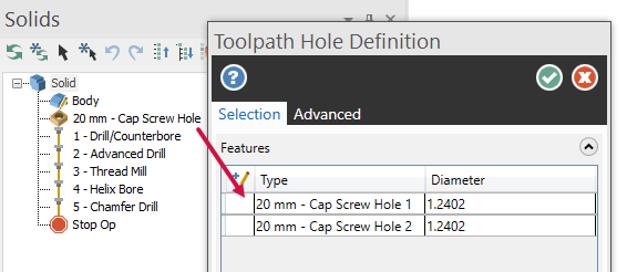 A Hole operation selected in the 