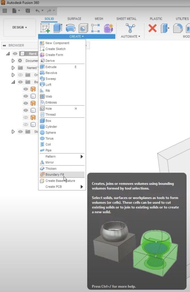 Boundary fill tool inn Autodesk Fusion